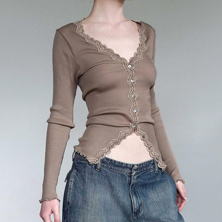 Lace Spliced Ribbed Slim Long Sleeve T-shirt - Trendha