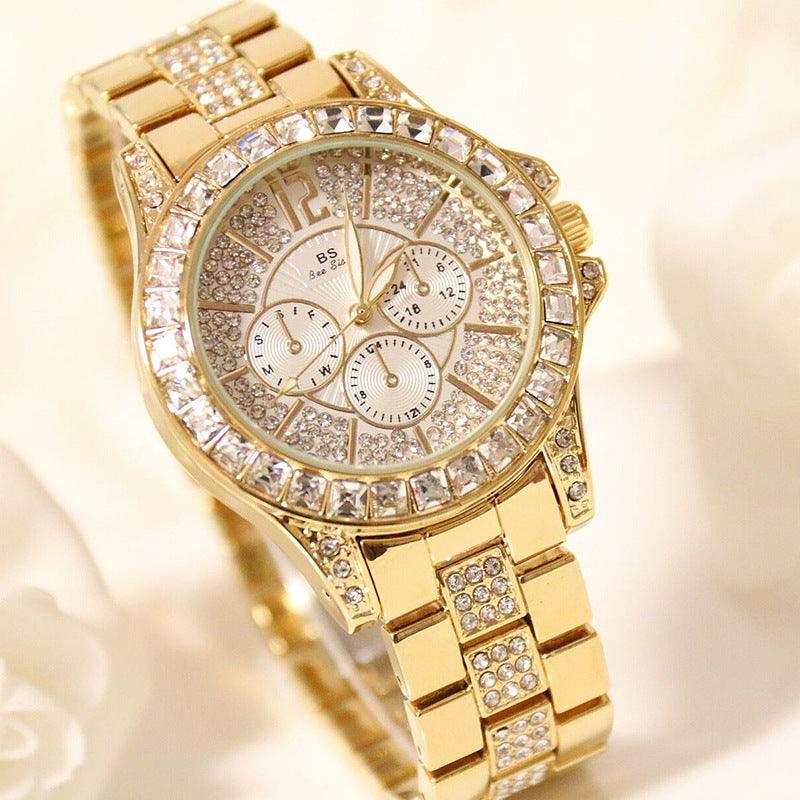 Ladies Fashion Luxury Three Eyes Full Rhinestone Crystal Large Dial Quartz - Trendha