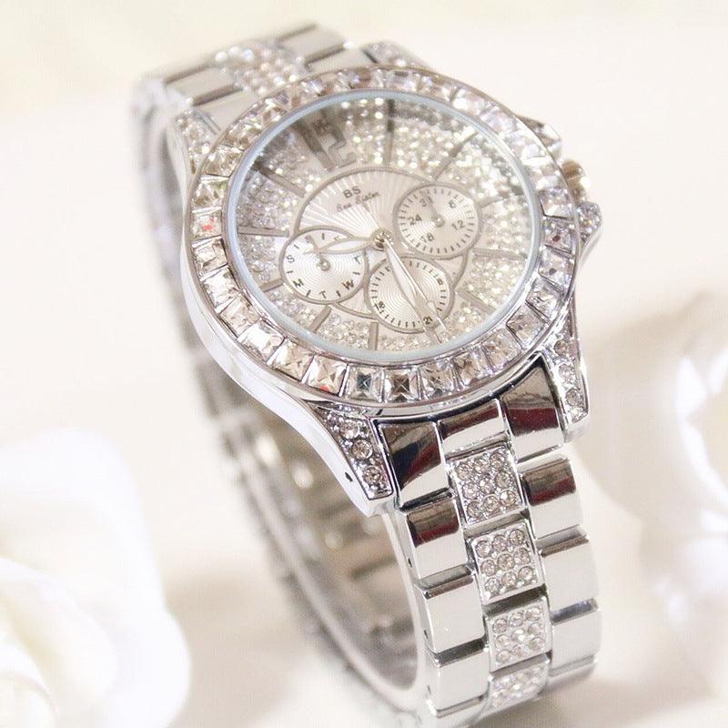 Ladies Fashion Luxury Three Eyes Full Rhinestone Crystal Large Dial Quartz - Trendha