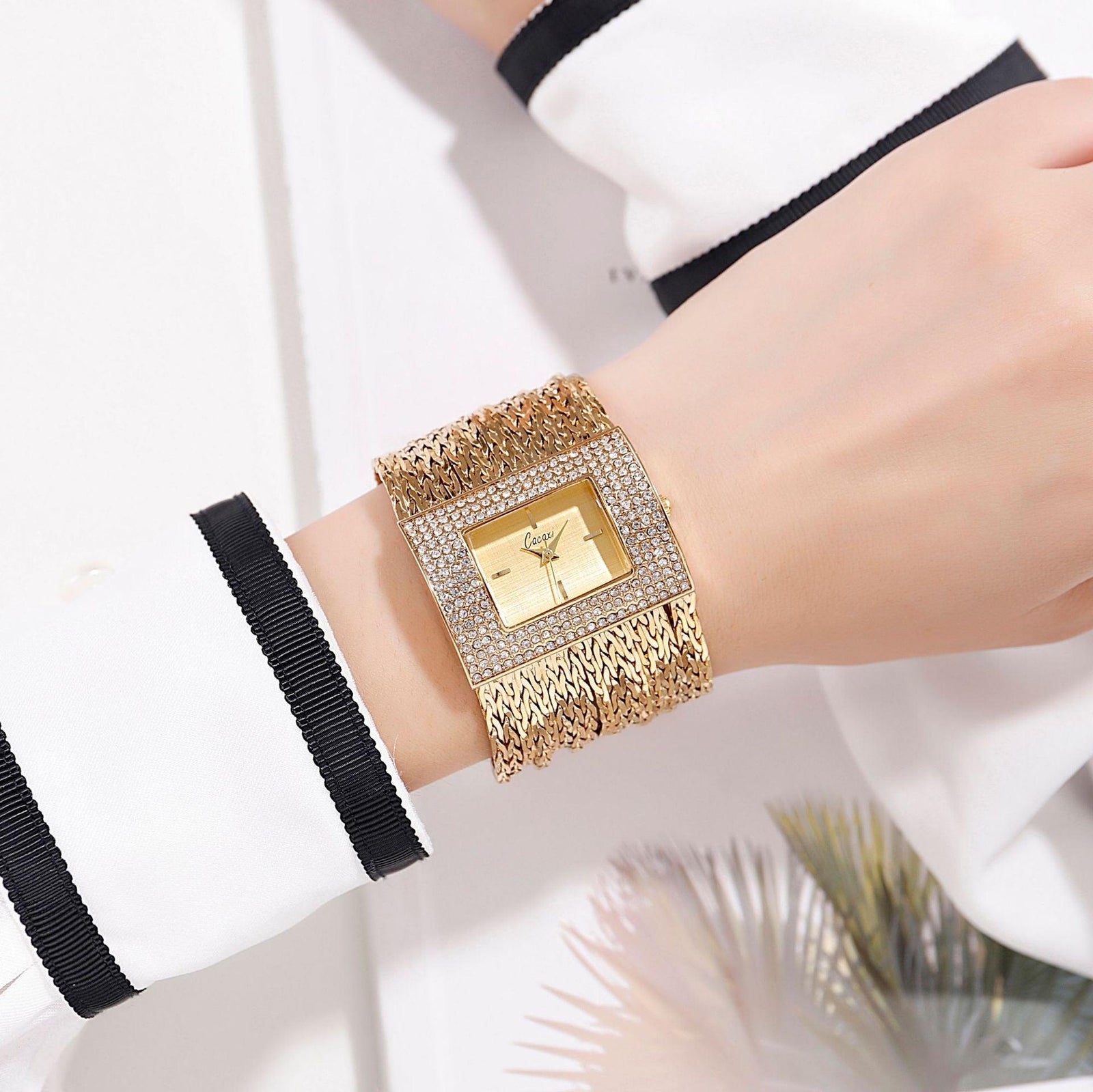 Ladies Gold Quartz Square Chain Rhinestone Watch - Trendha