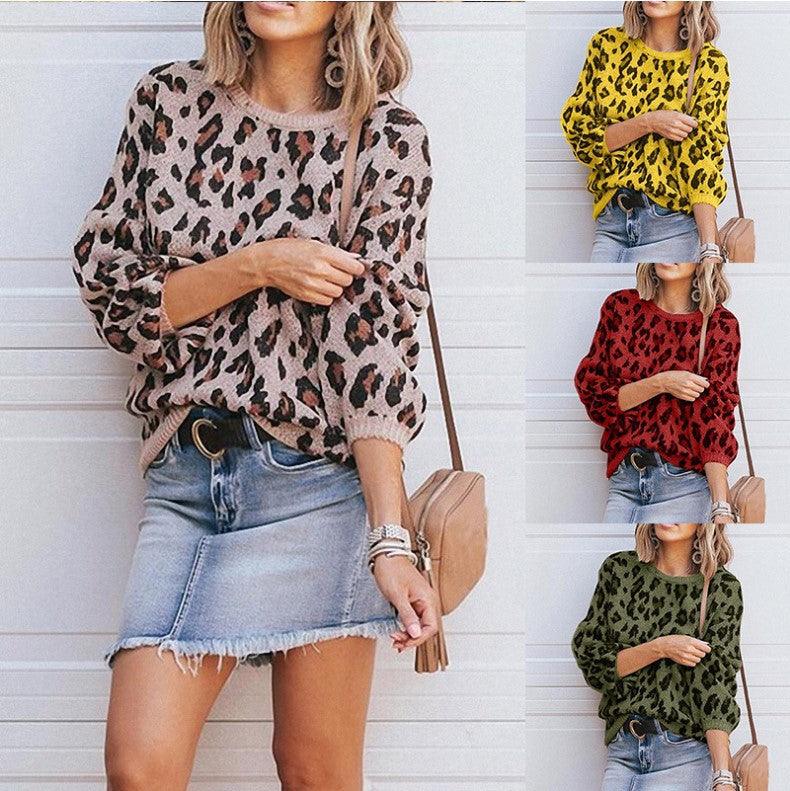Lantern Sleeve Leopard Jacquard Sweater Female - Trendha