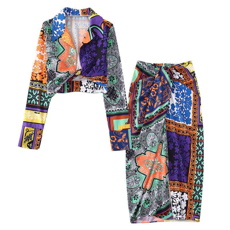Lapel Print Shirt Women's Section Decoration Skirt Suit - Trendha