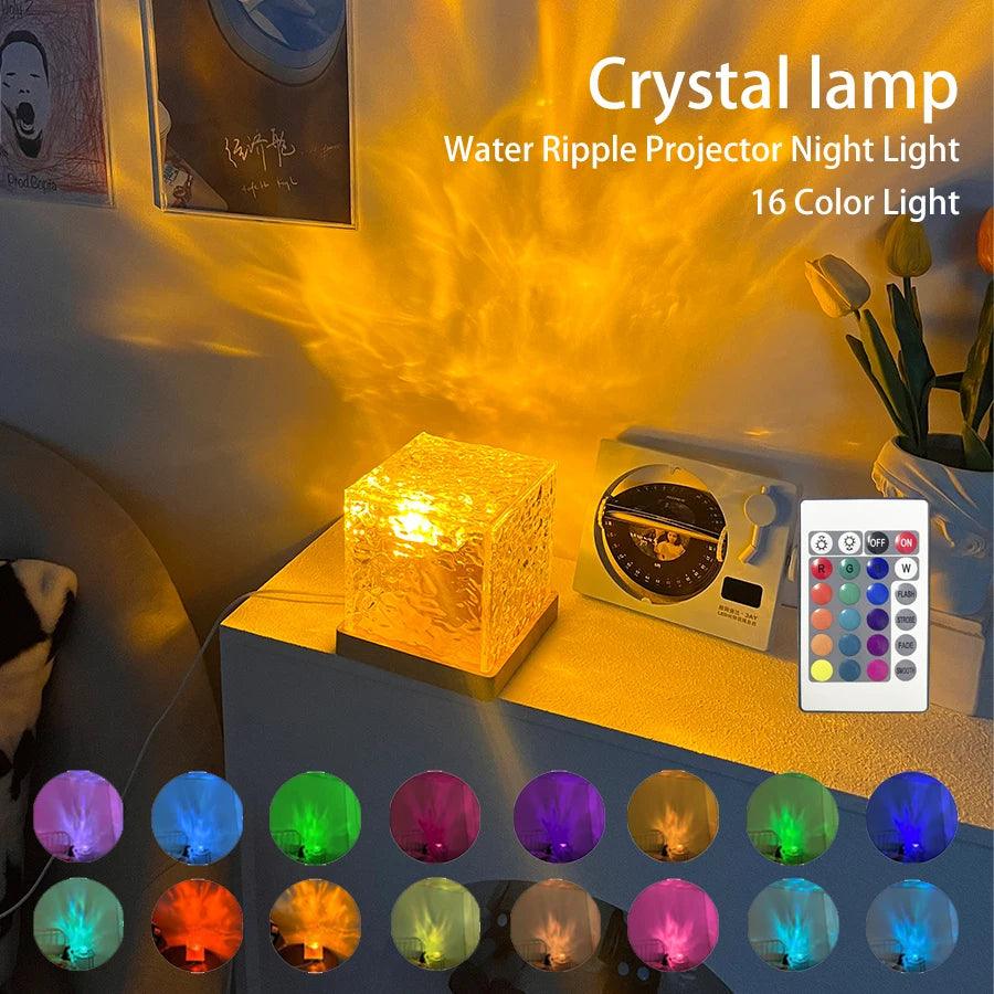 LED Water Ripple Ambient Night Light USB Rotating Projection Crystal Table Lamp RGB Dimmable Home Decoration 16 Color Gifts - Trendha