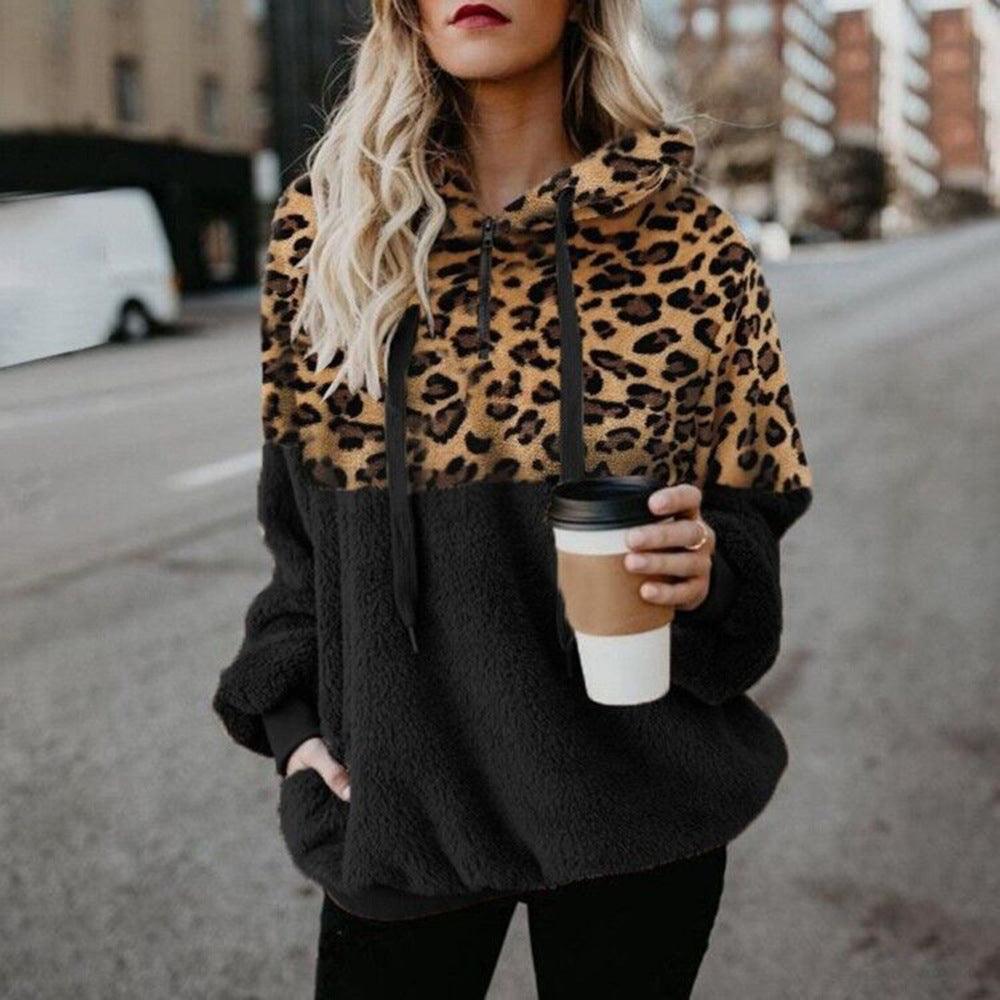Leopard Print Hooded Sweater Loose Fall Winter Women Clothes - Trendha