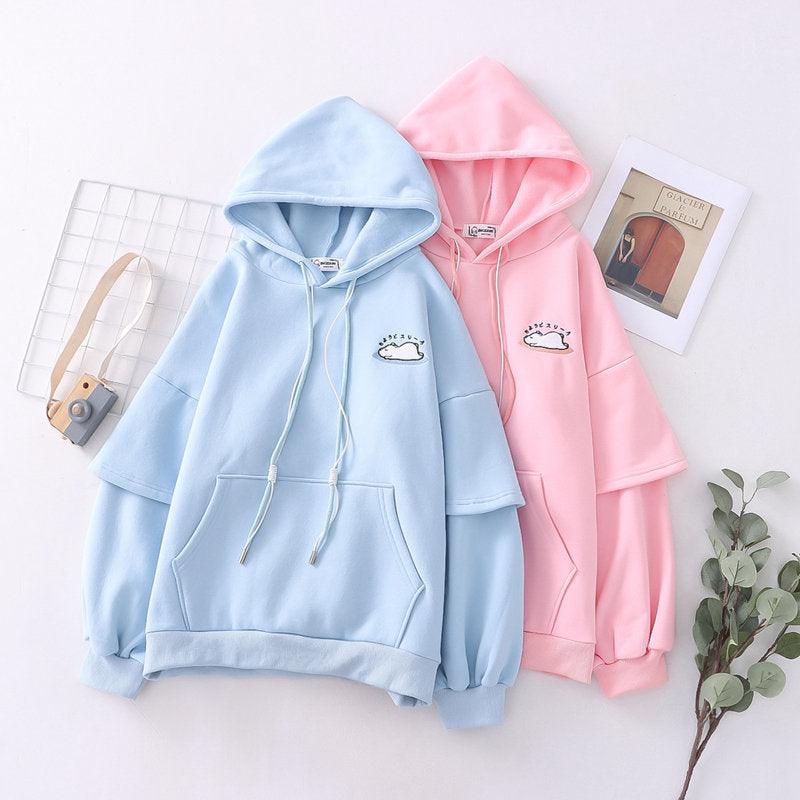 Layered-Sleeve Hoodie with Sleeping Seal Embroidery