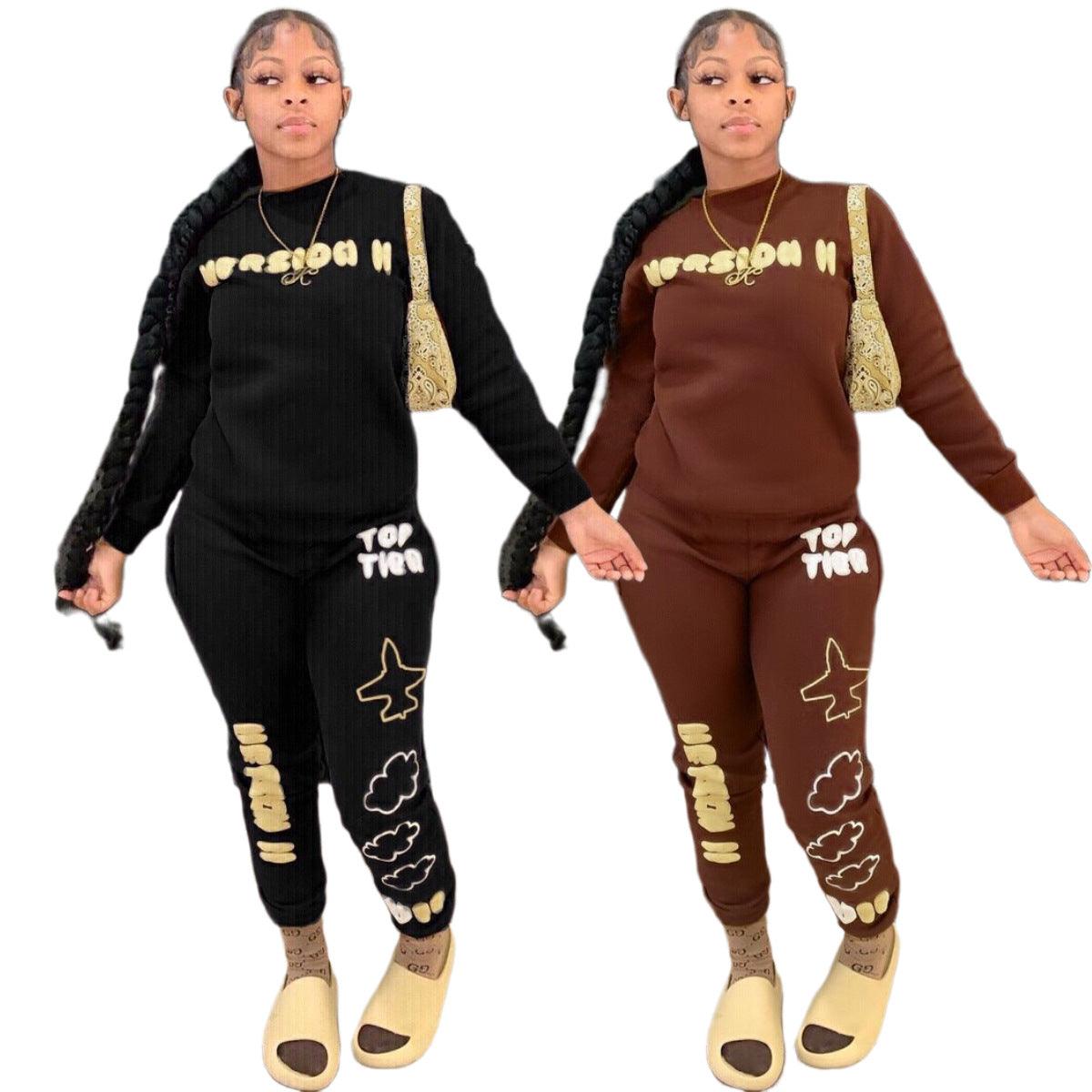 Lettered Casual Sports Home Women's Top Two-piece Pants - Trendha