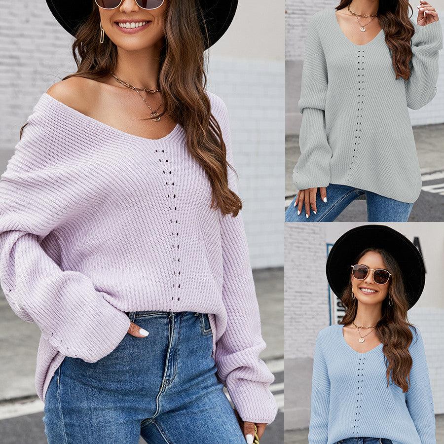 Long Sleeve Sweater With Pocket Solid Color V-neck Pullover Knitwear Women Tops - Trendha