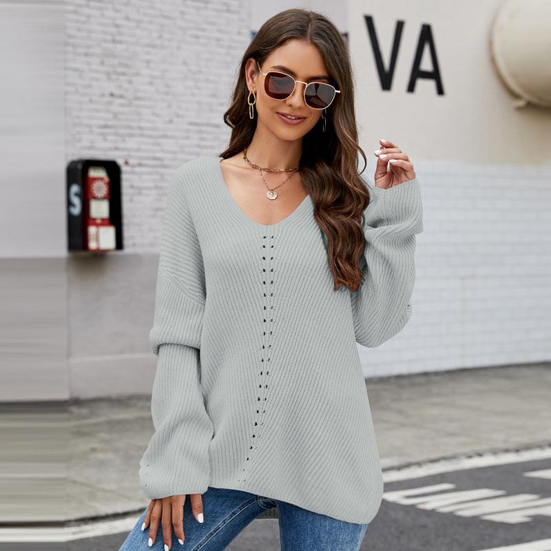 Long Sleeve Sweater With Pocket Solid Color V-neck Pullover Knitwear Women Tops - Trendha
