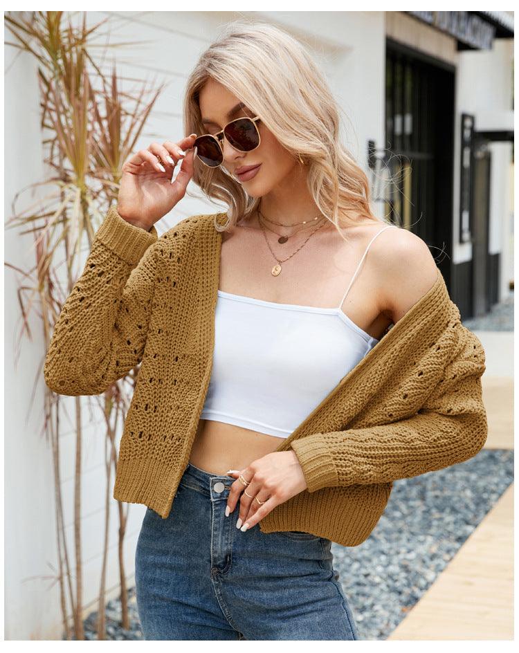 Long Sleeves Outer Match Knitwear Solid Color Hollow Out Sweater Cardigan - Trendha