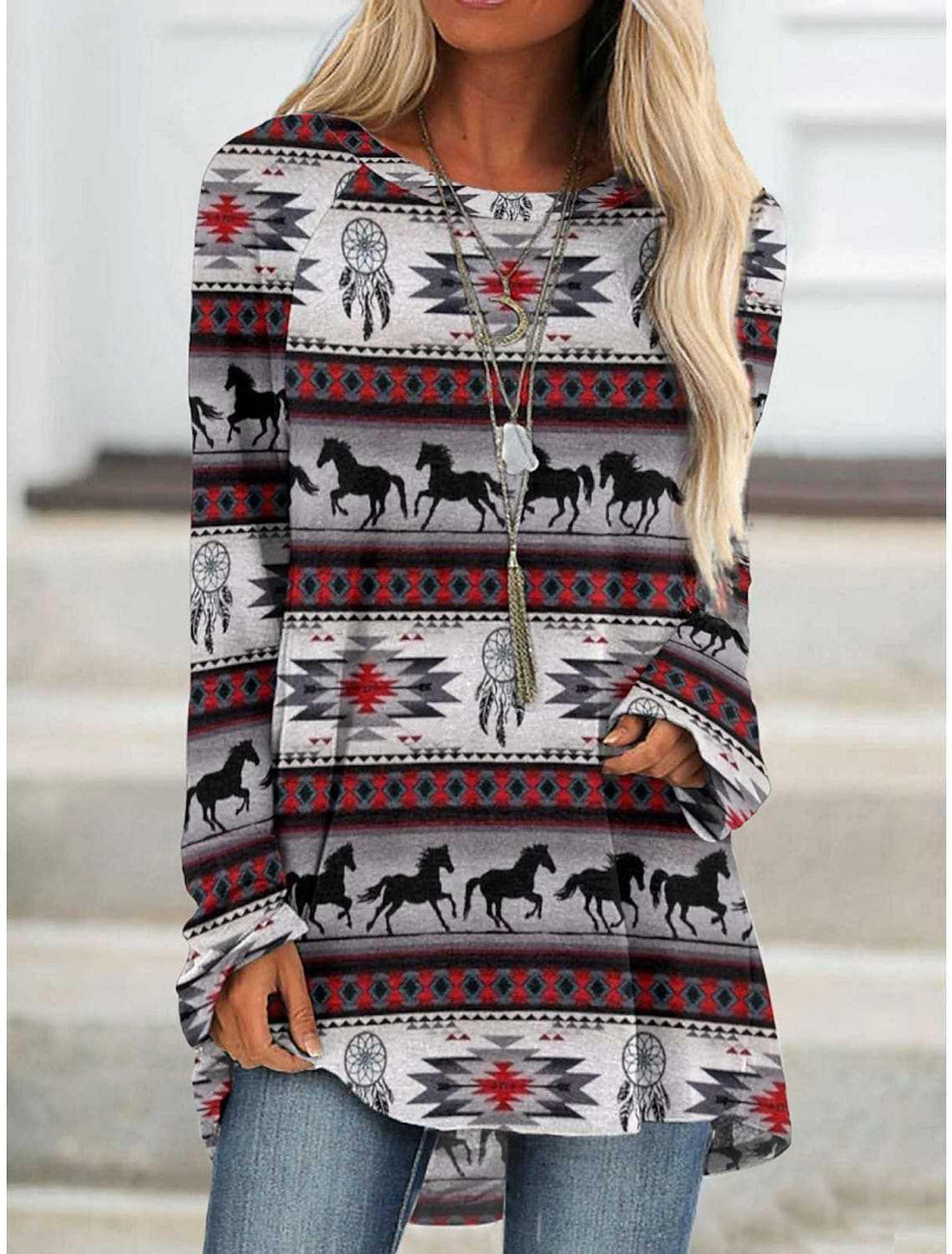 Long T-shirt Dress Retro Ethnic Style - Trendha