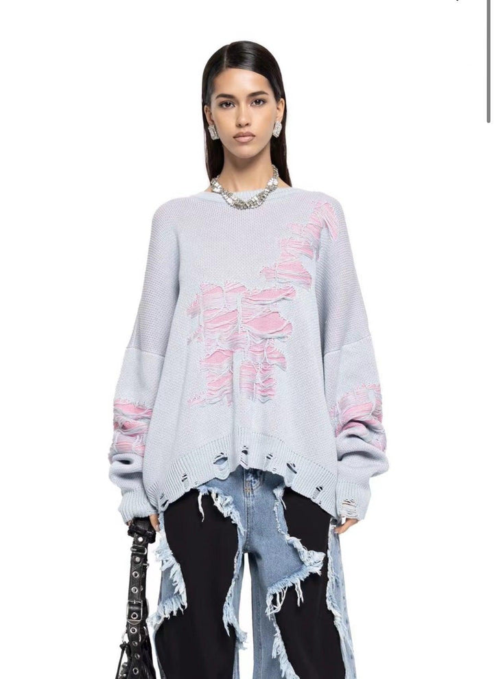 Loose And Idle Color Matching Ripped Long Sleeves Top - Trendha