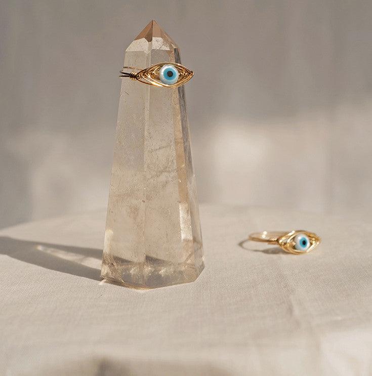Blue Eye-Motif Ring with Shell Detail