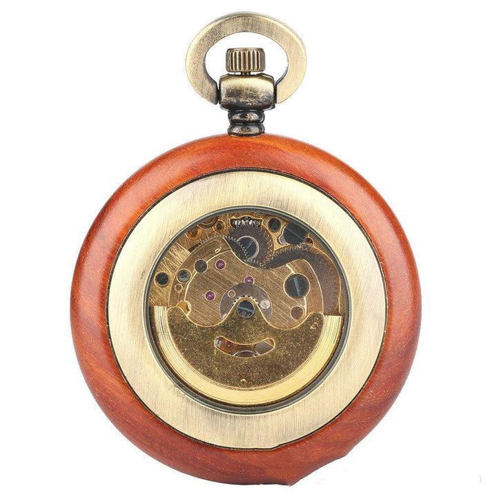 Mahogany Texture Dial Golden Roman Literal Automatic Mechanical Wooden Pocket Watch - Trendha