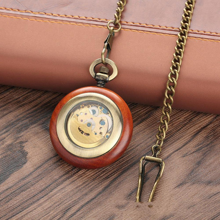 Mahogany Texture Dial Golden Roman Literal Automatic Mechanical Wooden Pocket Watch - Trendha
