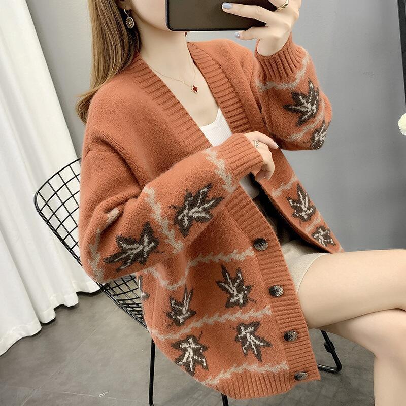 Maple Leaf Jacquard Knitted Cardigan Women's Loose Sweater - Trendha