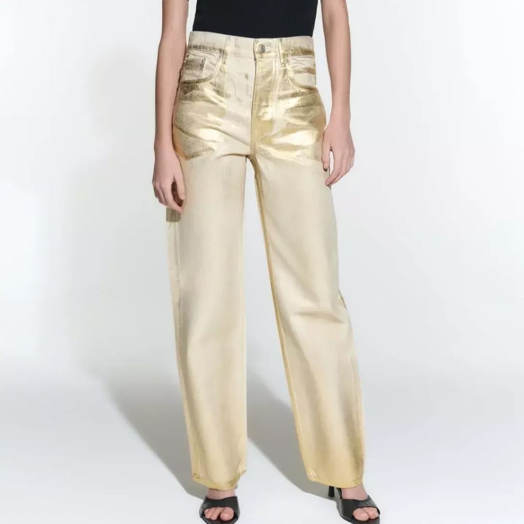 High Waist Gold Coated Straight Jeans