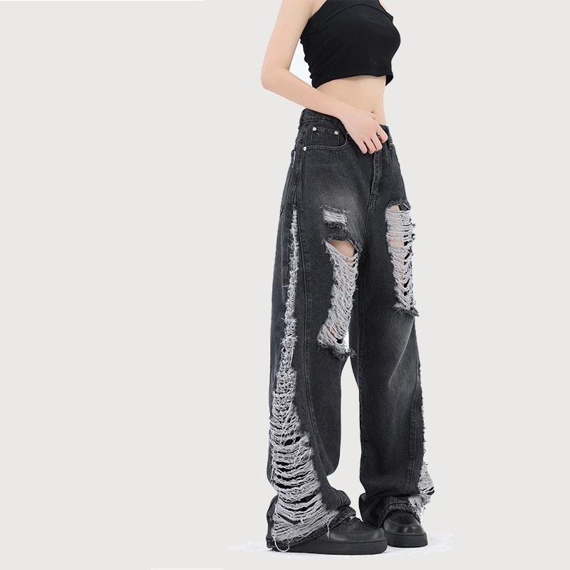 Men's And Women's Same High Quality Loose Hole Washed Denim Trousers - Trendha
