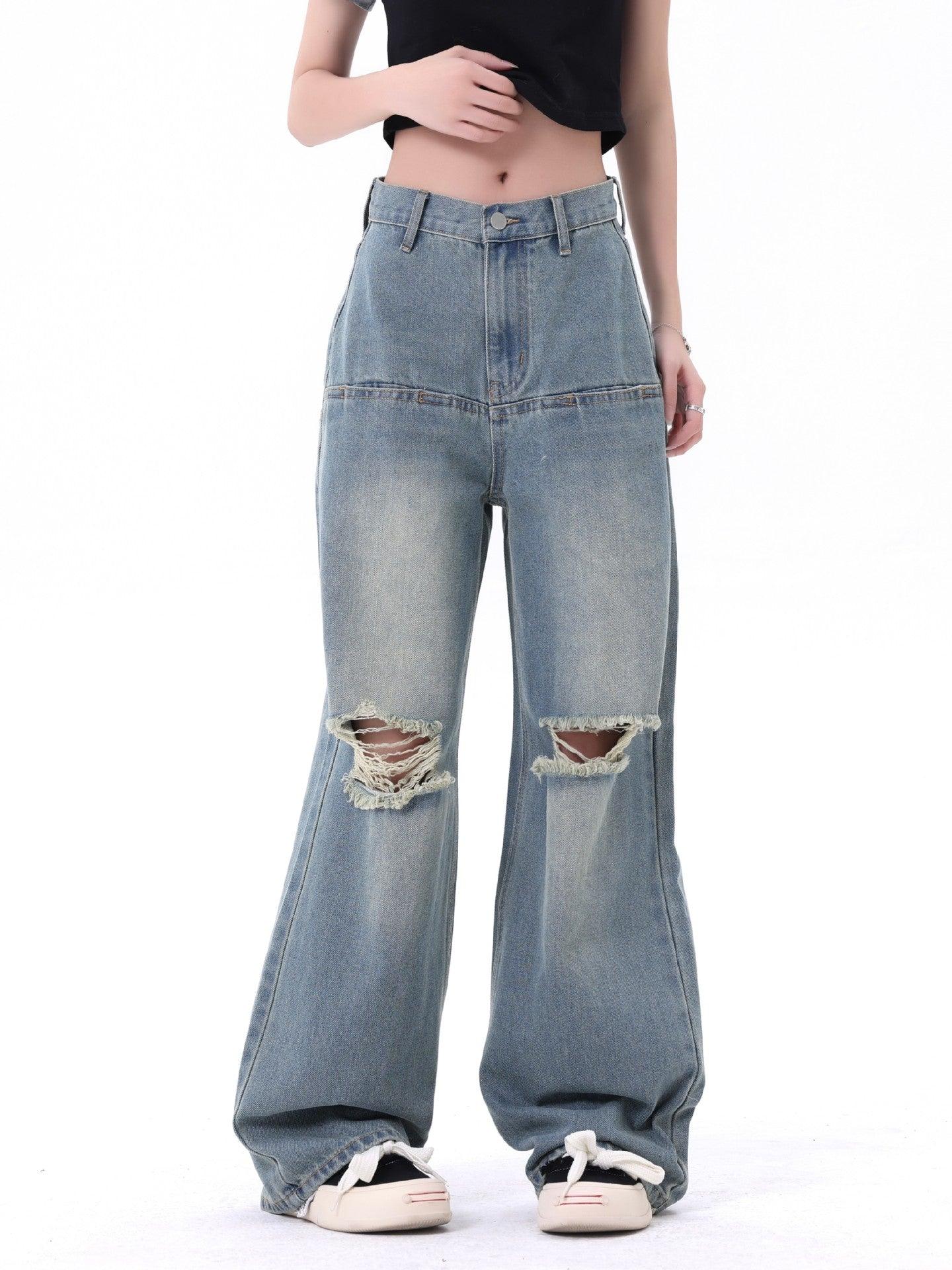 Men's And Women's Same Style American Make Old Ripped Straight Casual Jeans - Trendha