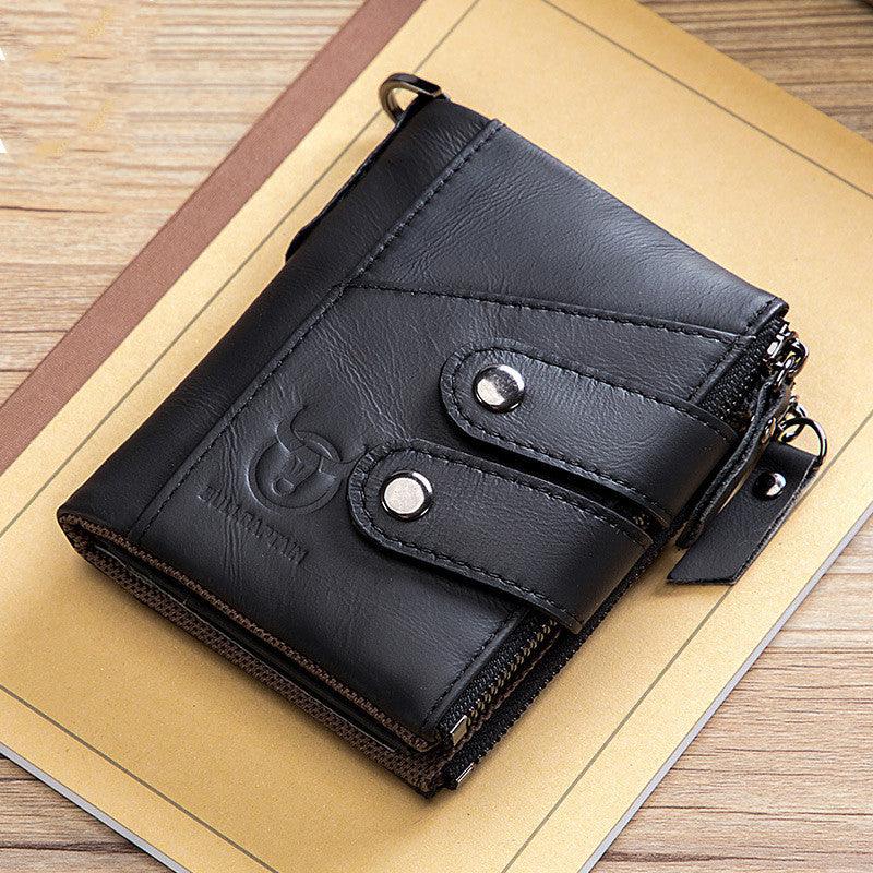 Men's Genuine Leather Retro Zipper Tri-fold Cowhide Wallet - Trendha