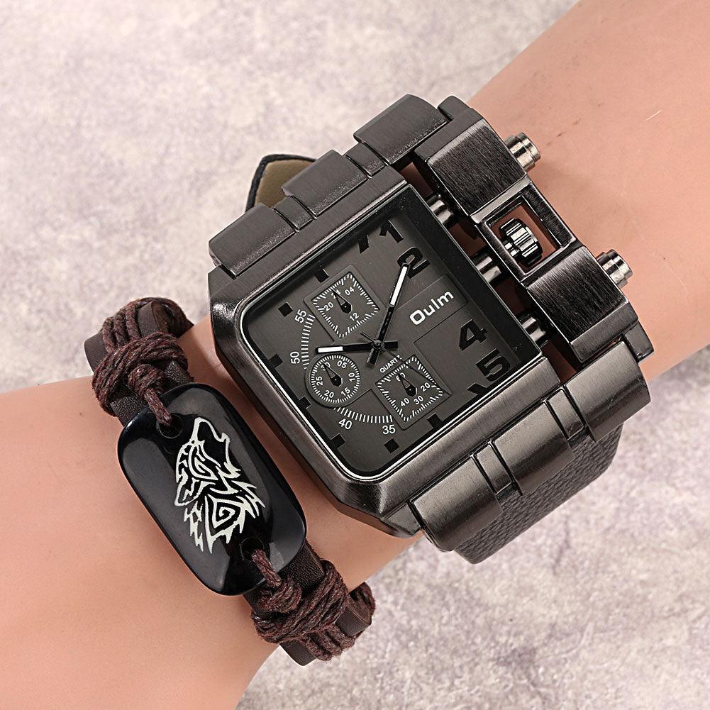 Men's Large Dial Quartz Watch Plus Bracelet Set - Trendha