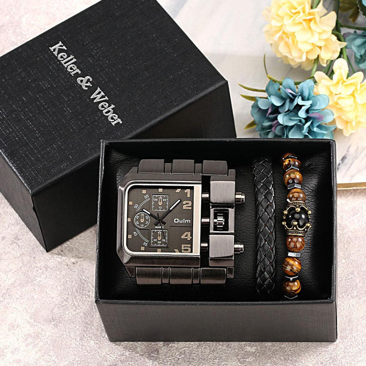 Men's Large Dial Quartz Watch Plus Bracelet Set - Trendha