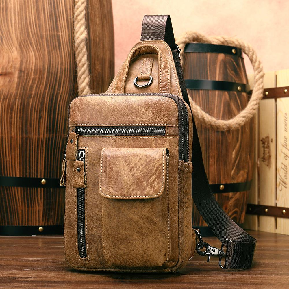 Men's Leather Chest Bag Vintage Top Layer Leather One-shoulder Crossbody Bag - Trendha