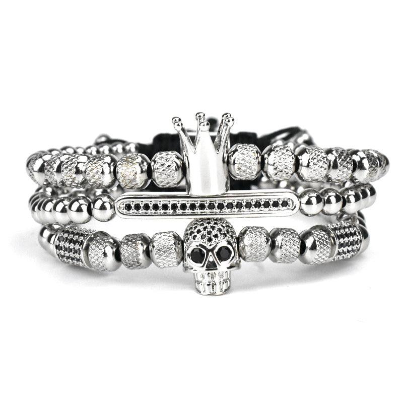 Men's Retro Crown Ghost Head Braided Stainless Steel Skull Bracelet Set - Trendha