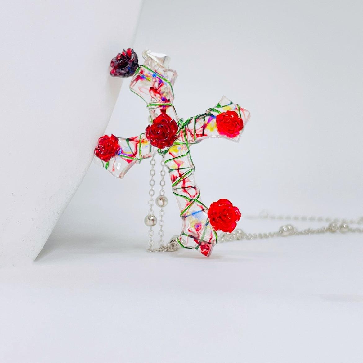 Miaoke Handmade S925 Sterling Silver Cross Necklace Rose Pendant - Trendha