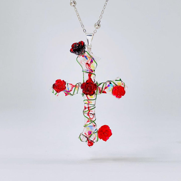Miaoke Handmade S925 Sterling Silver Cross Necklace Rose Pendant - Trendha