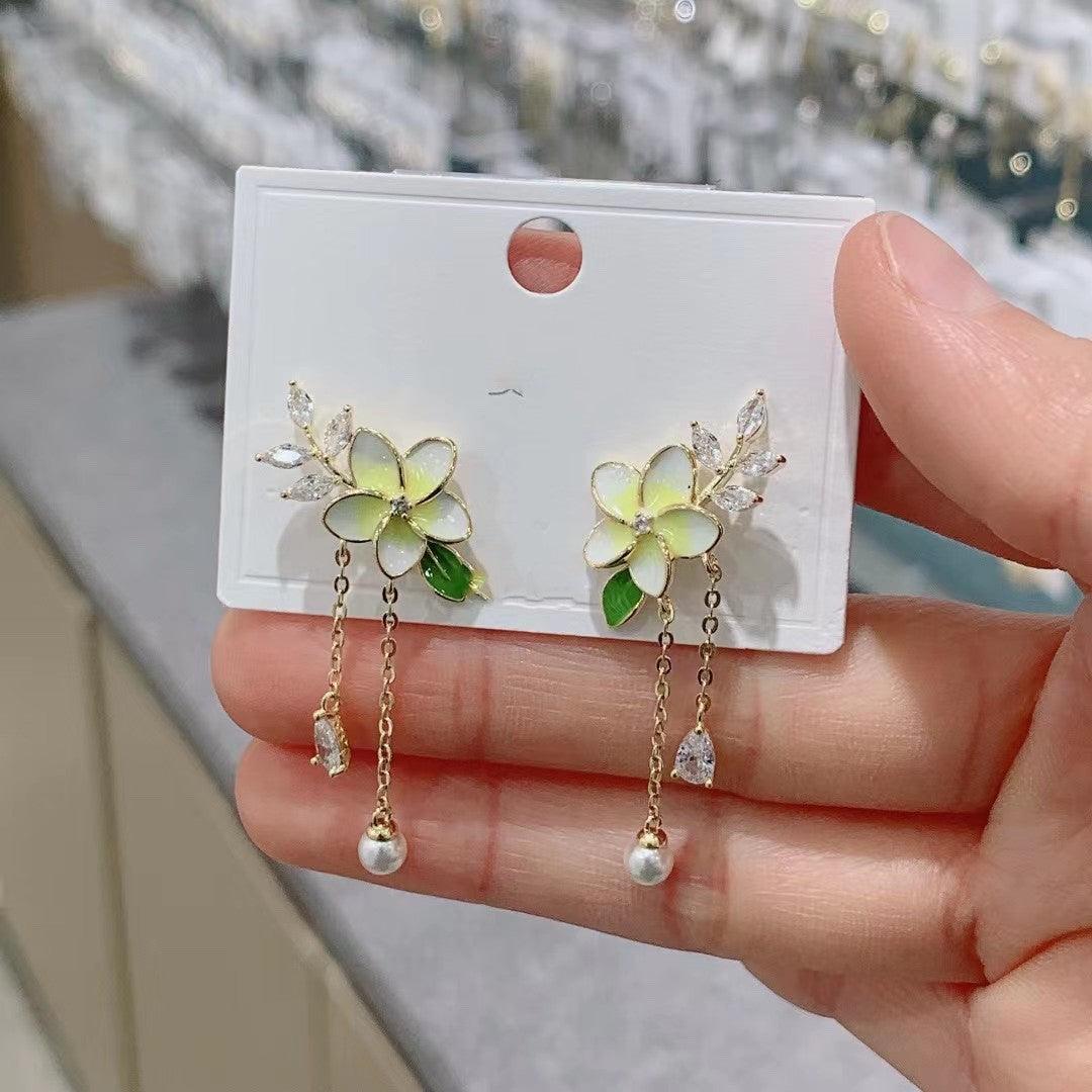 Micro Set Zircon Flower Long Pearl Tassel Earrings - Trendha