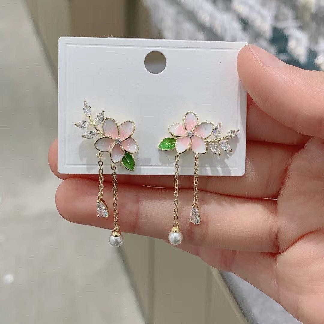 Micro Set Zircon Flower Long Pearl Tassel Earrings - Trendha