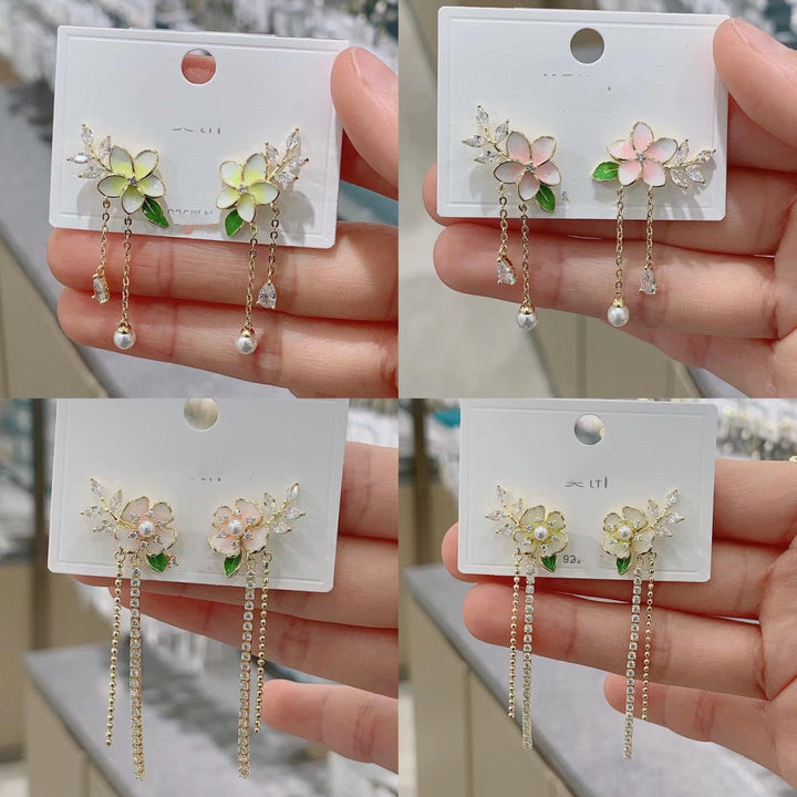 Micro Set Zircon Flower Long Pearl Tassel Earrings - Trendha