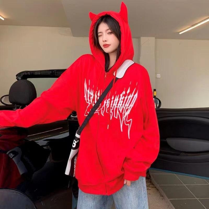 Mid Length Hooded Zip Printed Sweater - Trendha
