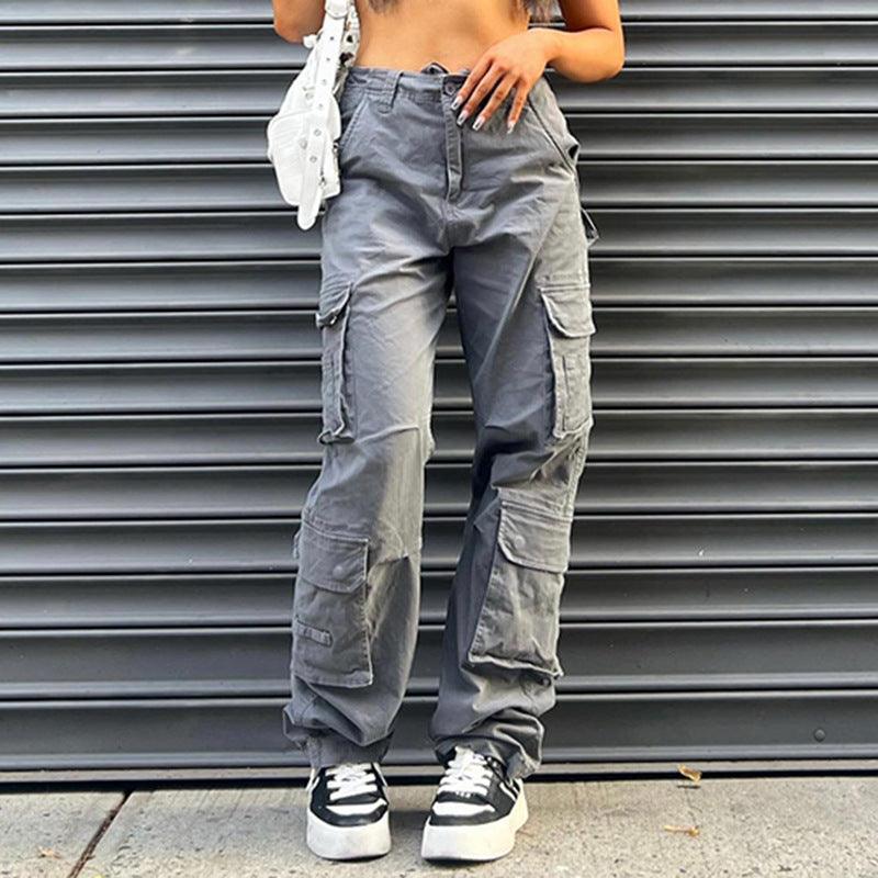 Multi-pocket Gray Straight Loose Jeans Look Slim For Women - Trendha