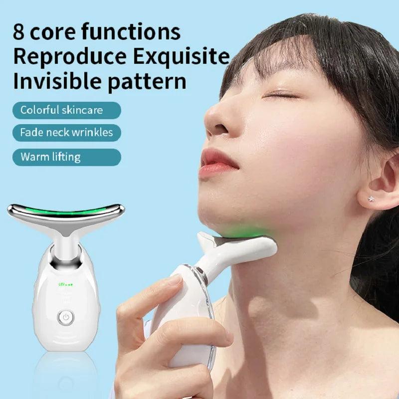 Neck Face Beauty Device Colorful LED Photon Therapy Skin Tighten Reduce Double Chin Anti Wrinkle Remove Lifting Massager - Trendha