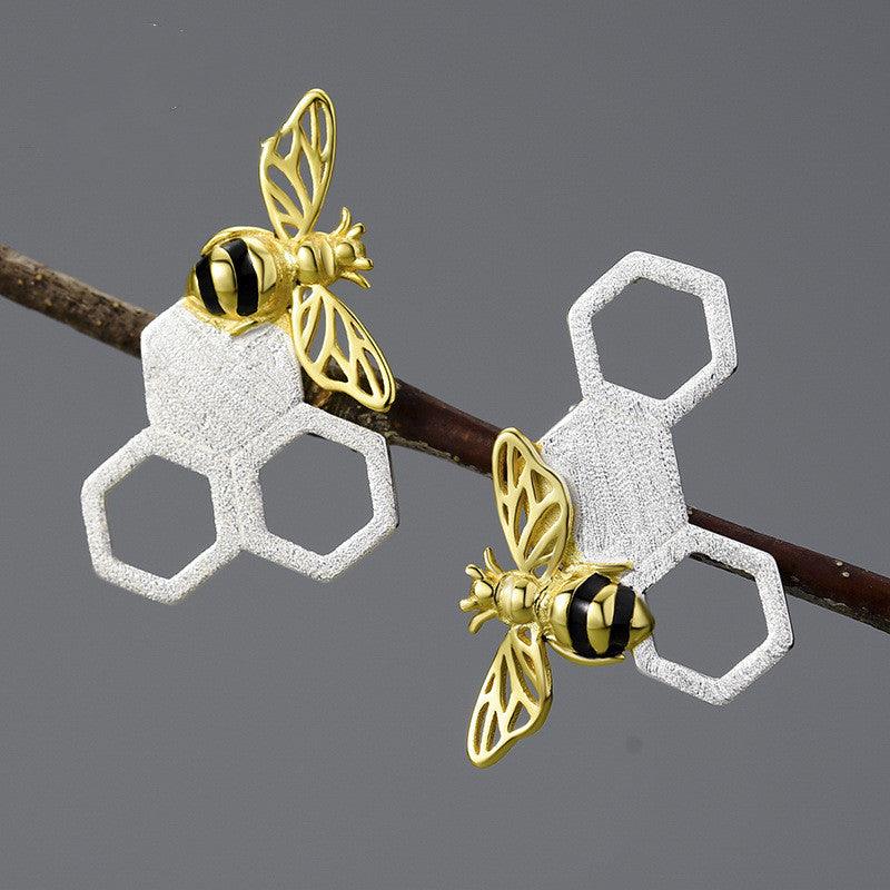 New Beehive Ear Studs Sterling Silver Female Art Handmade Bee