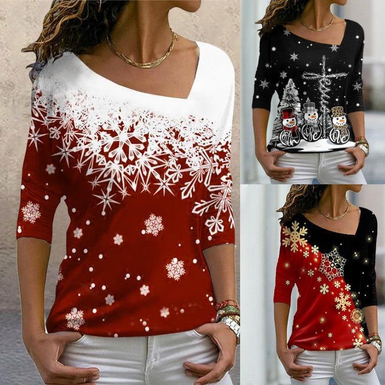 New Christmas Elements Printed Long-sleeved Diagonal Collar Pullover T-shirt For Women - Trendha