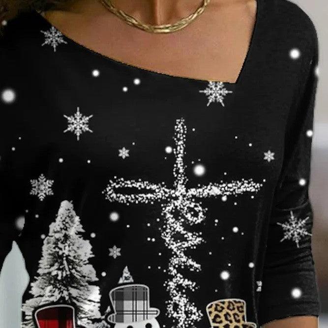 New Christmas Elements Printed Long-sleeved Diagonal Collar Pullover T-shirt For Women - Trendha
