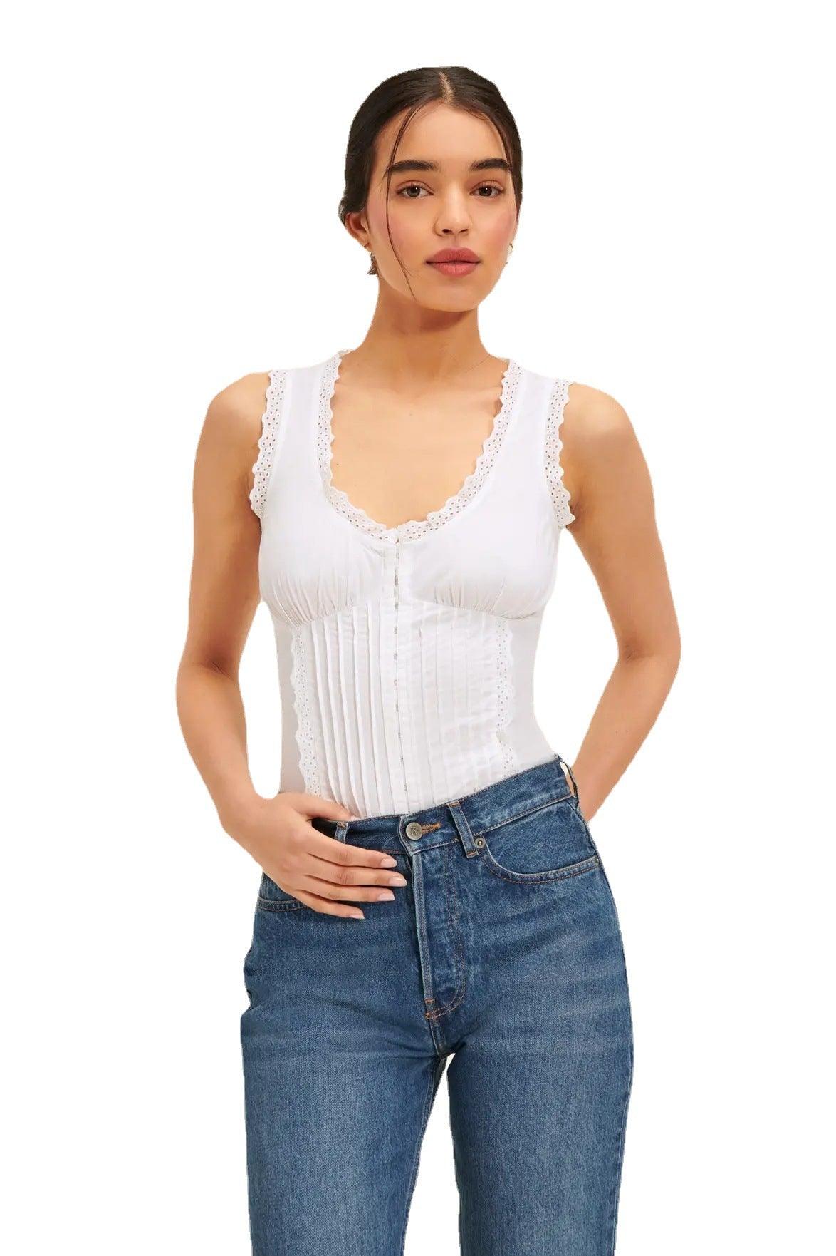 New Embroidered Lace Sweet U-collar Slim-fit Tank Top - Trendha