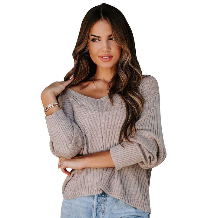New Fashion Solid Color Long Sleeve V-neck Loose Casual Sweater - Trendha