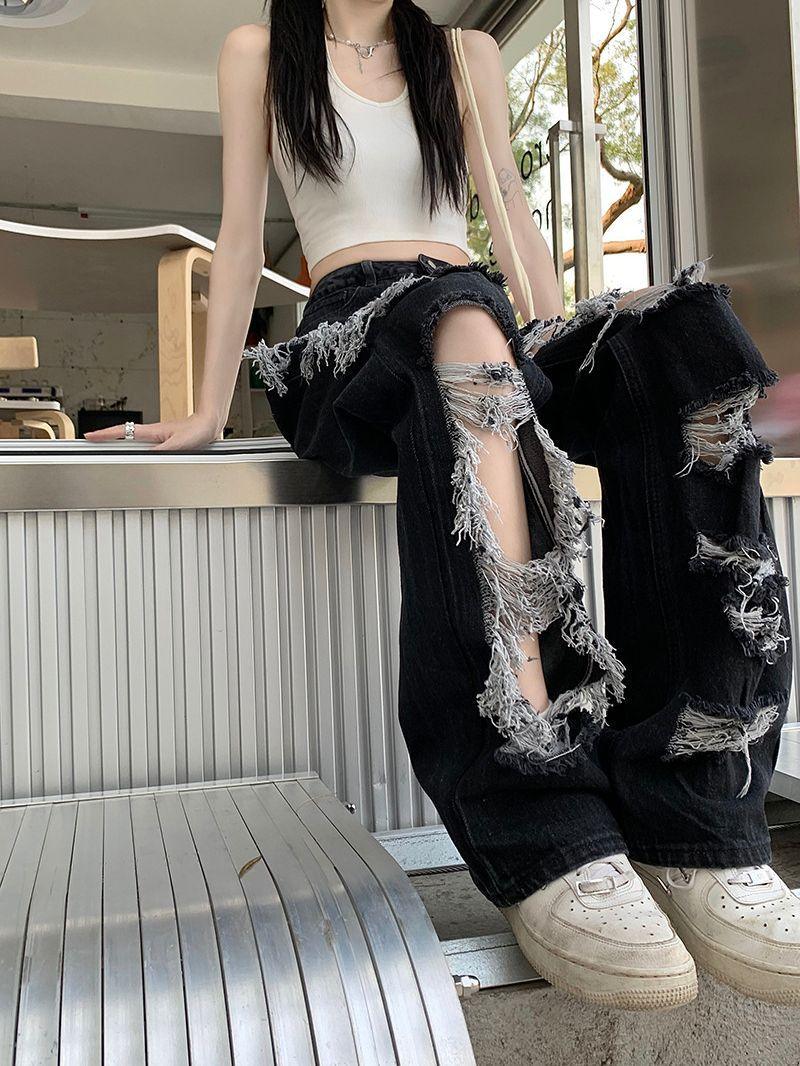 New Fried Street Fashion Cool Raw Hem High Waist Straight Mopping Pants - Trendha