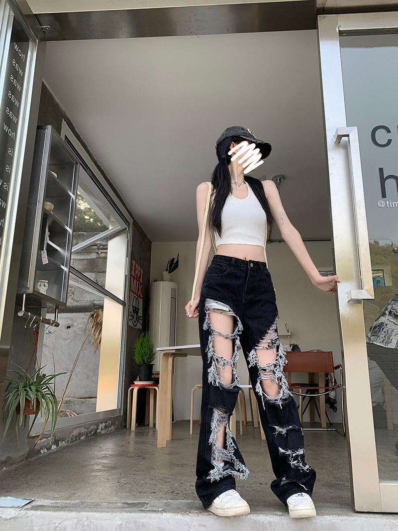 New Fried Street Fashion Cool Raw Hem High Waist Straight Mopping Pants - Trendha