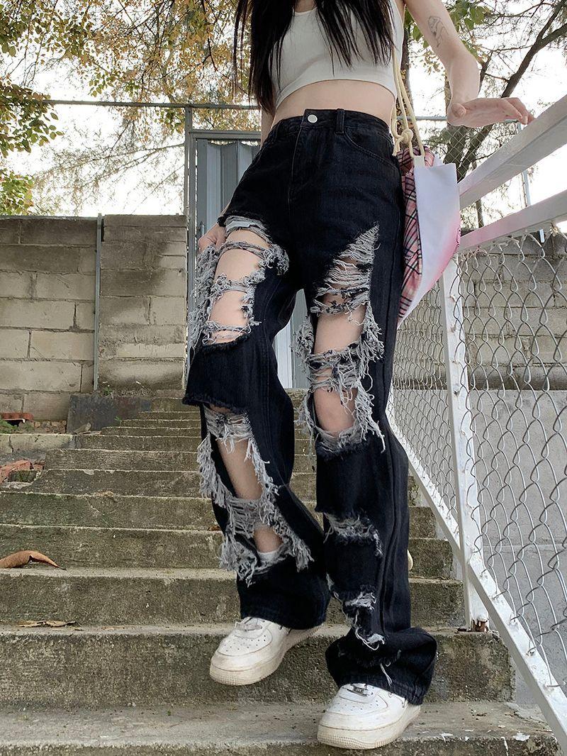 New Fried Street Fashion Cool Raw Hem High Waist Straight Mopping Pants - Trendha