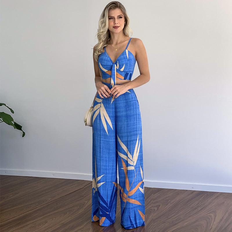 New Polyester V-neck Short Vest High Waist Print Wide Leg Pants Two-piece Set