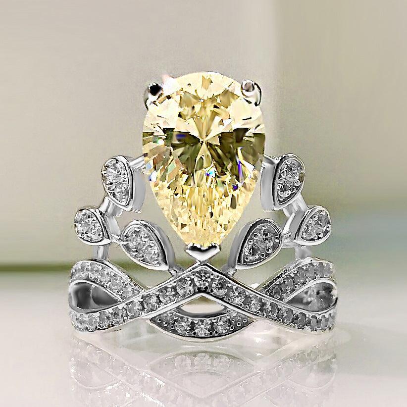 Pear-Shaped Yellow Gemstone Crown Ring in 925 Silver