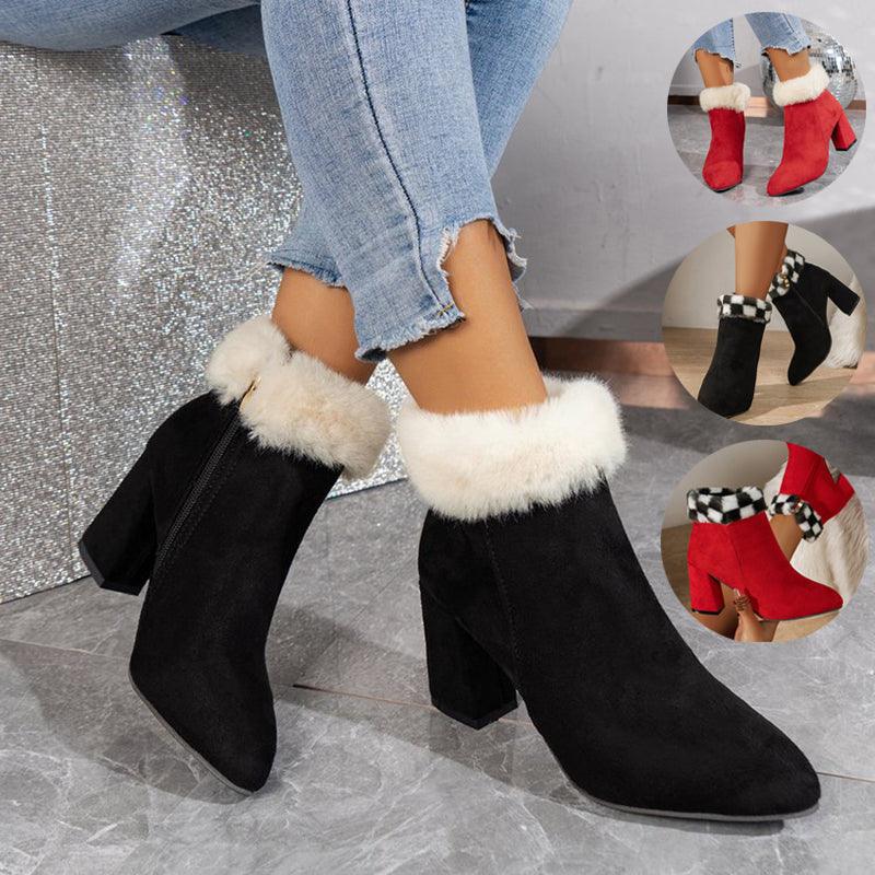 New Plaid Print Plush Ankle Boots Winter Fashoin Square Heel Suede Boots Women Casual Versatile Shoes Autumn And Winter - Trendha