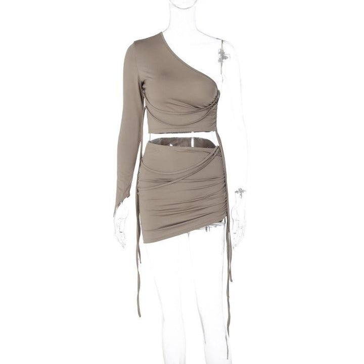 One Shoulder Midriff-baring Top Side Drawstring Skirt Suit - Trendha