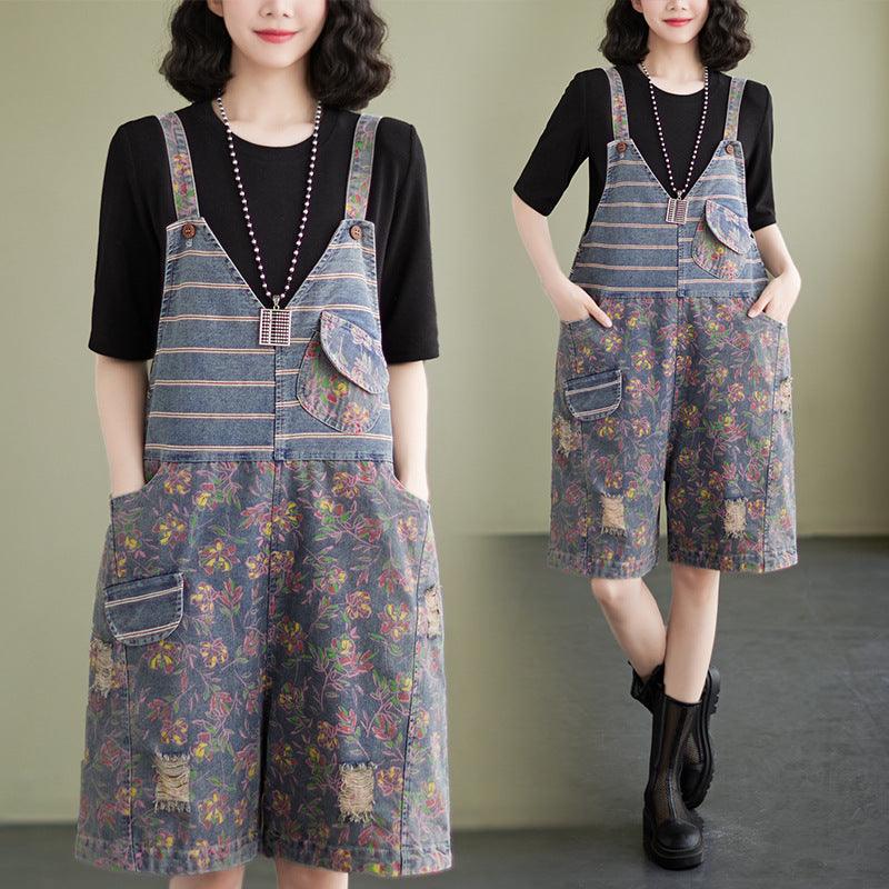 Oversized Chubby Mm Loose And Slim Five Piece Jumpsuit With Printed Denim Straps - Trendha