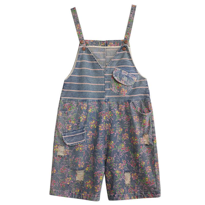 Oversized Chubby Mm Loose And Slim Five Piece Jumpsuit With Printed Denim Straps - Trendha