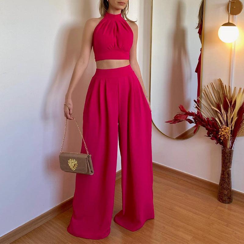 Personality Halter Slim Fit Temperament Chest-wrapped Folding High Waist Loose Trousers Two-piece Set - Trendha